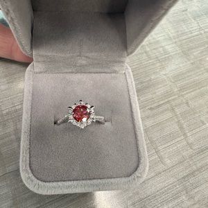 NEVER WORN! GORGEOUS Red Moissanite with white accent Halo style ring. 925 SS. 8
